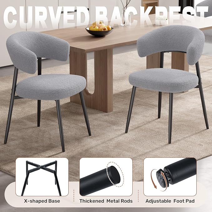 Dining Chairs Set of 4, Mid Century Modern Dining Chairs, Boucle Upholstered Kitchen Chair with Curved Backrest & Metal Legs for Dining Room, Grey