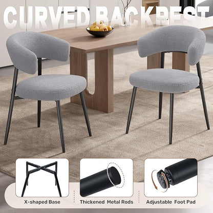 Dining Chairs Set of 4, Mid Century Modern Dining Chairs, Boucle Upholstered Kitchen Chair with Curved Backrest & Metal Legs for Dining Room, Grey