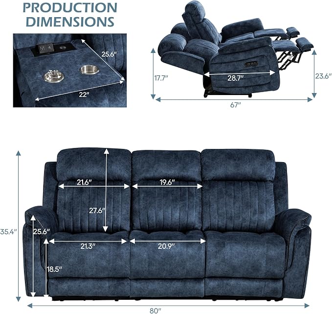Zero Gravity Power Reclining Sofa with Adjustable Headrest, Electric Reclining Couch with Wireless Charge, USB Ports, Power Loveseat Recliner Sofa for Living Room (Blue-Sofa)