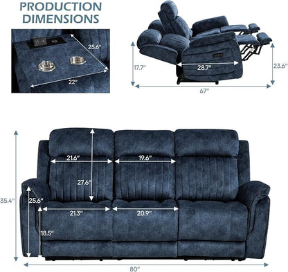 Zero Gravity Power Reclining Sofa with Adjustable Headrest, Electric Reclining Couch with Wireless Charge, USB Ports, Power Loveseat Recliner Sofa for Living Room (Blue-Sofa)