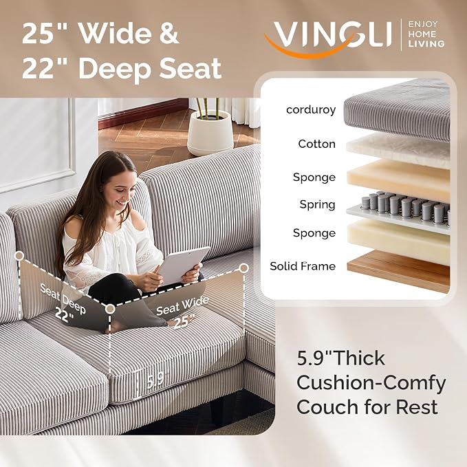 VINGLI 108" W U-Shaped Sectional Couches for Living Room, Sturdy Wooden Armrest Corduroy Cloud Couch with Double Chaise, High Support Modern 4-Seat Sectional Sofa for Apartment, Offices, Light Grey