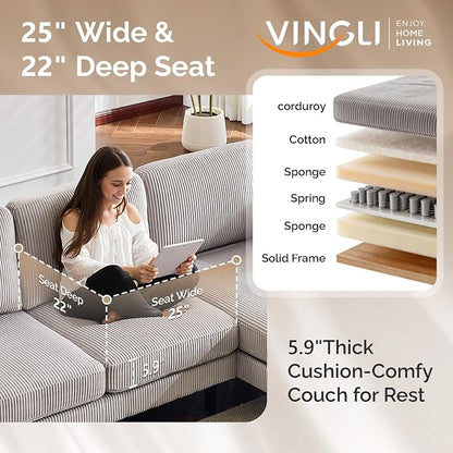 VINGLI 108" W U-Shaped Sectional Couches for Living Room, Sturdy Wooden Armrest Corduroy Cloud Couch with Double Chaise, High Support Modern 4-Seat Sectional Sofa for Apartment, Offices, Light Grey