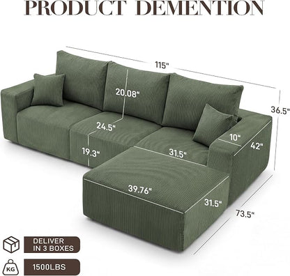 Living&Giving 115" Modular Cloud Boneless Couch, L-Shaped Sectional Sofa with Ottoman, Premium Corduroy Floor Couch, High-Density Foam & Firm Back Support for Living Room, Green | Boneless Couch