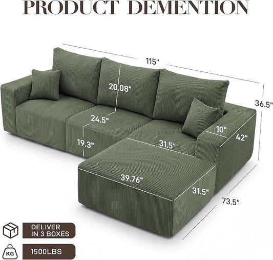 Living&Giving 115" Modular Cloud Boneless Couch, L-Shaped Sectional Sofa with Ottoman, Premium Corduroy Floor Couch, High-Density Foam & Firm Back Support for Living Room, Green | Boneless Couch