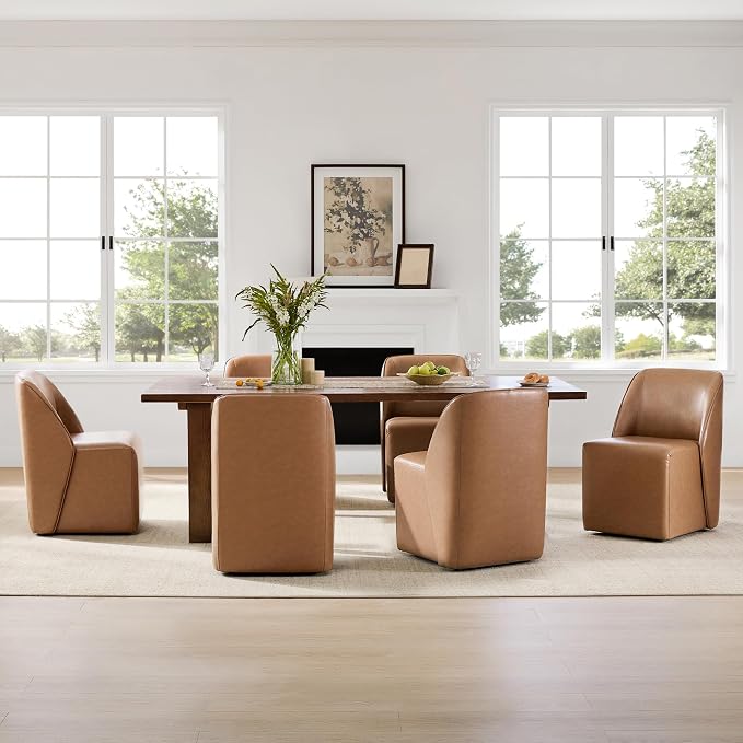 Watson & Whitely Leather Rolling Dining Chairs with Casters Set of 2, Brown | Upholstered Seat, Removable Rollers, Modern Style, Armless Chairs for Dining Room, Living Room, Bedroom