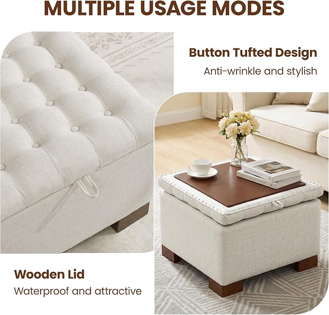 24 Inch Square Storage Ottoman Coffee Table, Modern Tufted Upholstered Ottoman with Flip Tray and Solid Wood Legs, Suitable for Living Rooms, Linen Beige