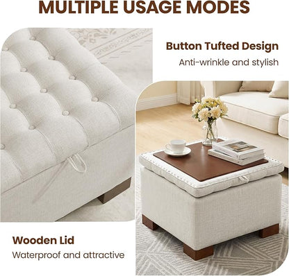 24 Inch Square Storage Ottoman Coffee Table, Modern Tufted Upholstered Ottoman with Flip Tray and Solid Wood Legs, Suitable for Living Rooms, Linen Beige