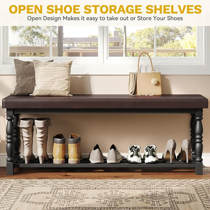 YITAHOME 48 Inch Entryway Bench, Storage Bench with Metal Shelf & Cushioned Seat, Indoor Shoe Rack Bench Seat for Dressing Room, Bedroom, Hallway, Entrance, Brown & Black