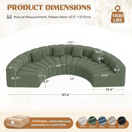 128" Oversized Curved Cloud Couch, Modern Compressed Modular Sectional Sofa, 4 Seater Boneless Couches for Living Room, No Assembly Required, Green 1 PCS