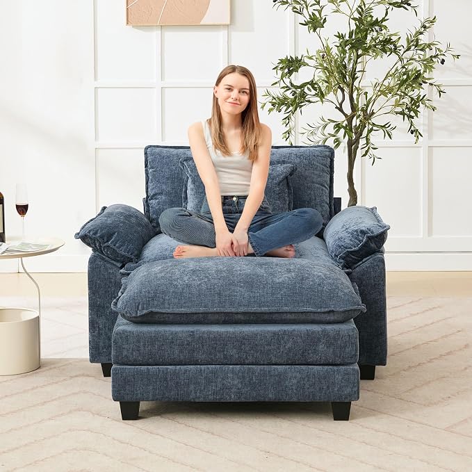 Oprisen 53" Modular Sectional Sofa, Comfy Cloud Couch Sectional Sofa with Ottoman, Chenille Sofa Sleeper Deep Seat Sofa with Throw Pillows for Living Room (Blue)