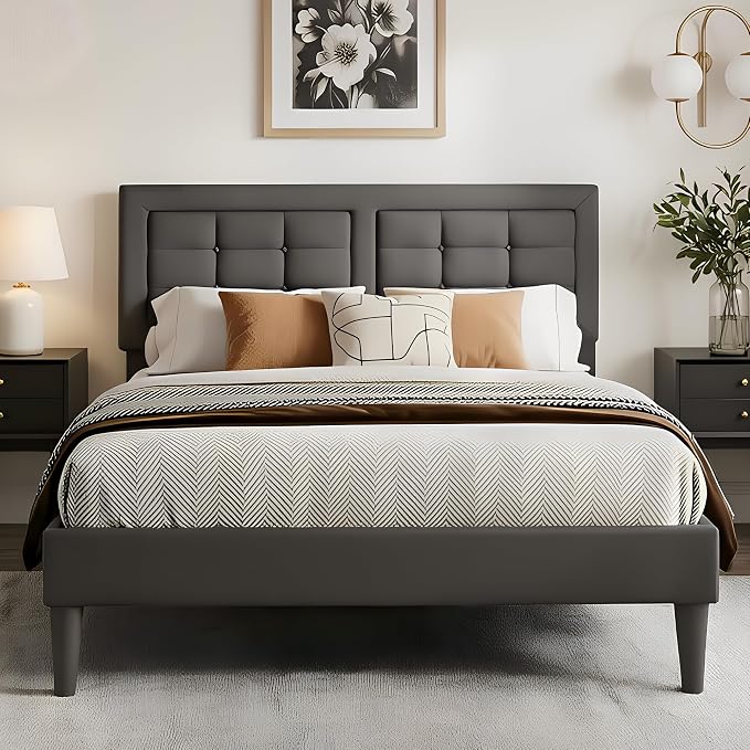 VECELO Queen Size Bed Frame, Adjustable Upholstered Button Tufted Headboard, Heavy-Duty Bedframe with Wood Slats Support, No Box Spring Needed, Linen & Dark Grey