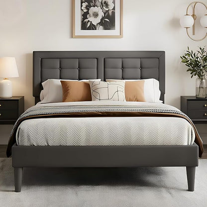 VECELO Queen Size Bed Frame, Adjustable Upholstered Button Tufted Headboard, Heavy-Duty Bedframe with Wood Slats Support, No Box Spring Needed, Linen & Dark Grey