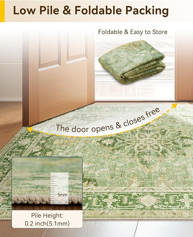 RELEANY Area Rugs Large 10'x12' Washable Non-Slip, Floral Vintage Distress Medallion Carpet for Living Room Bedroom Dining Room, Sage Green Yellow