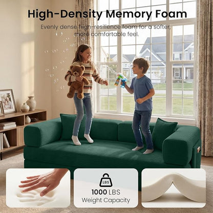 78.8" Convertible Sofa Bed,Corduroy Futon Couch with Storage Pocket,Folding Pull Out Futon Sofa,No Assembly Boneless Couch for Living Room, Forest Green