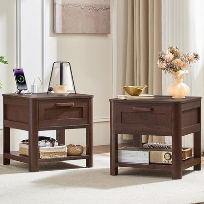 Joaxswe Farmhouse Night Stand with Charging Station, Wood Bed Side Table with Drawer & Open Storage Shelf for Bedroom, Walnut