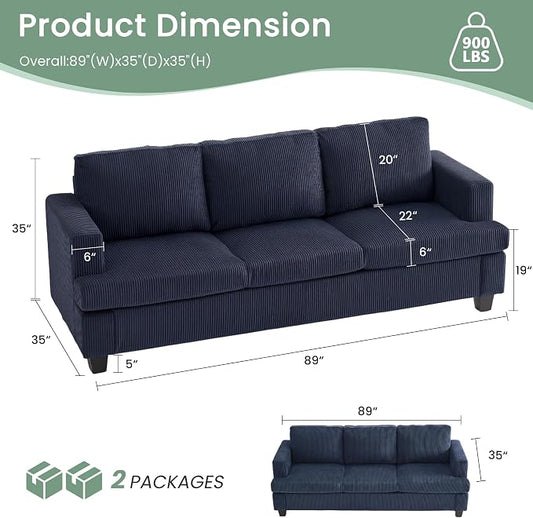 YOUDENOVA Sofa, 89" 3-Seater Deep Seat Sofa, Modern Comfy Couches for Living Room Apartment Lounge, Blue Corduroy