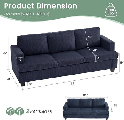 YOUDENOVA Sofa Couch, 3 Piece Set Comfy Sofa, 2 Loveseat & 3 Seater Sofa with Deep Seats for Living Room, Modern Sleeper Couch, Blue Corduroy