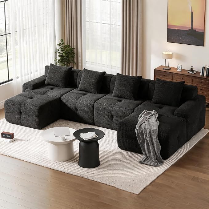 135" Cloud Couch Sectional with 2 Ottoman, U-Shaped Boneless Sofa,Modern Modular Couch, Pineapple Grid Fabric with Foam & Spring Filling for Living Room, No Assembly Required (Black, 4seates)