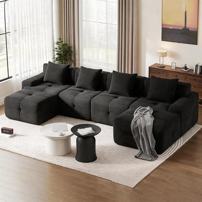 135" Cloud Couch Sectional with 2 Ottoman, U-Shaped Boneless Sofa,Modern Modular Couch, Pineapple Grid Fabric with Foam & Spring Filling for Living Room, No Assembly Required (Black, 4seates)