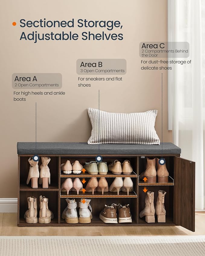 SONGMICS Home Storage Bench, Snapsemble Superfast Assembly, 41" Wide Entryway Shoe Bench with Cushion & Adjustable Shelves, Shoe Rack Cabinet, Natural Walnut and Slate Gray ULHS391KE04S