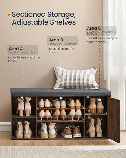 SONGMICS Home Storage Bench, Snapsemble Superfast Assembly, 41" Wide Entryway Shoe Bench with Cushion & Adjustable Shelves, Shoe Rack Cabinet, Natural Walnut and Slate Gray ULHS391KE04S