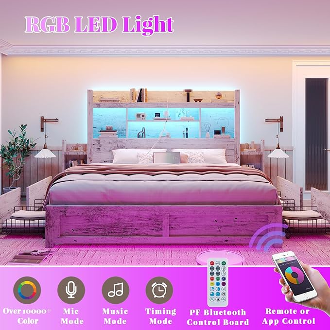 LUXOAK King Bed Frame with 49.6" Bookcase Headboard & 2 Bedside Stoage Racks & 4 Drawers, Farmhouse Wood Bed Frame with RGB LED & Charging Station, No Box Spring Needed, Distressed White