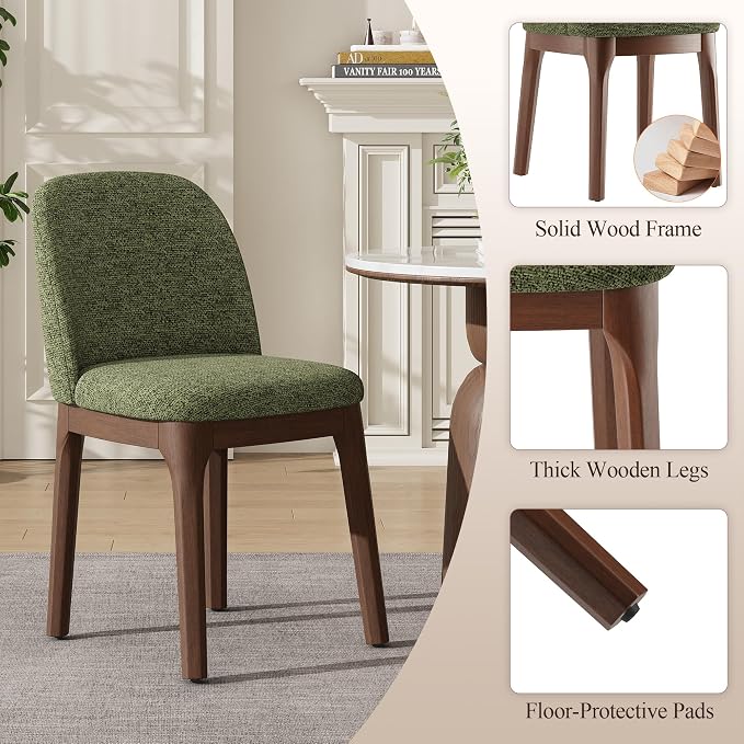 MALOL Upholstered Dining Chairs with Thickened Solid Wood Legs, Mid Century Modern Kitchen & Dining Room Chairs Set of 4, Comfortable Side Chairs for Dining Room, Kitchen, Green