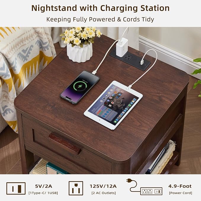 Joaxswe Farmhouse Night Stand Set of 2 with Charging Station, Wood Bed Side Tables Bedroom Set of 2 with Drawer & Open Storage Shelf, Walnut