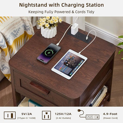 Joaxswe Farmhouse Night Stand Set of 2 with Charging Station, Wood Bed Side Tables Bedroom Set of 2 with Drawer & Open Storage Shelf, Walnut