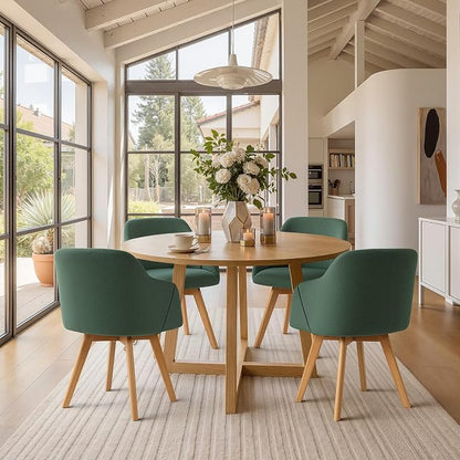 Swivel Dining Chairs Set of 4, Mid Century Modern Dining Chairs with Arms, Linen Fabric Upholstered Kitchen Dining Room Chairs with Solid Wood Legs for Living Room,360°Swivel Accent Desk Chair, Green