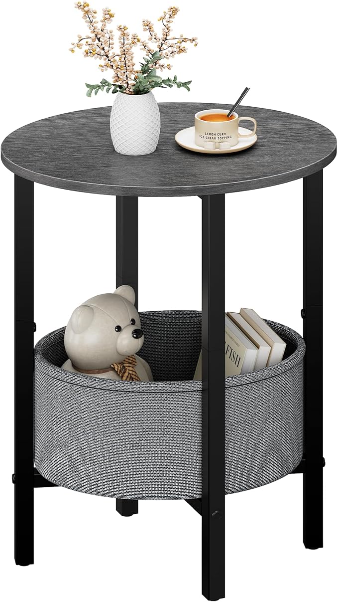 Vagusicc Round Side Table End Table with Storage Basket, Small Side Table Round Nightstand for Small Spaces, Tall Oval End Table with Steel Frame, Coffee Bedside Table for Living Room, Gray Walnut