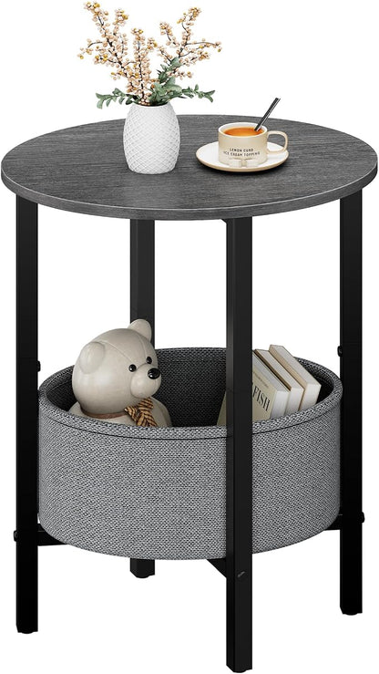 Vagusicc Round Side Table End Table with Storage Basket, Small Side Table Round Nightstand for Small Spaces, Tall Oval End Table with Steel Frame, Coffee Bedside Table for Living Room, Gray Walnut