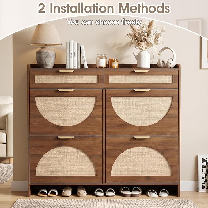 Rattan Shoe Storage Cabinet with 4 Flip Drawers & 2 Drawers, Freestanding Organizer for Front Door Entrance, Hidden Narrow Shoe Rack Cabinet Storage for Entryway, Walnut