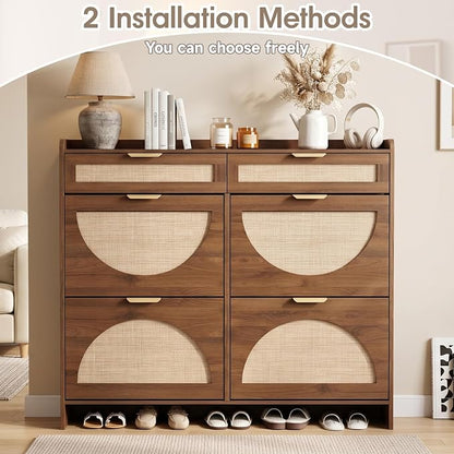 Rattan Shoe Storage Cabinet with 4 Flip Drawers & 2 Drawers, Freestanding Organizer for Front Door Entrance, Hidden Narrow Shoe Rack Cabinet Storage for Entryway, Walnut