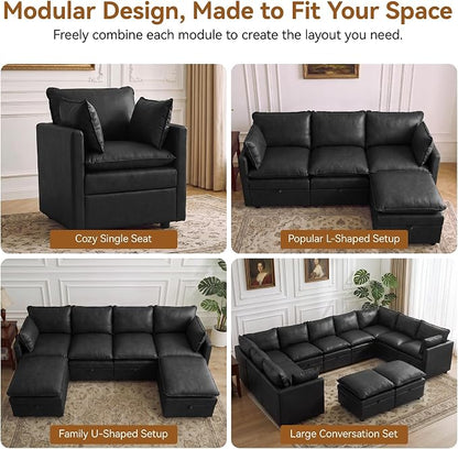55" Black Faux Leather Storage Loveseat Sofa, Upholstered 2 Seater Sofa | Modern Deep Seat Cloud Sofa Chair, Small Love Seat Comfy Modular Sectional Sofa for Living Room, Bedroom, Small spaces