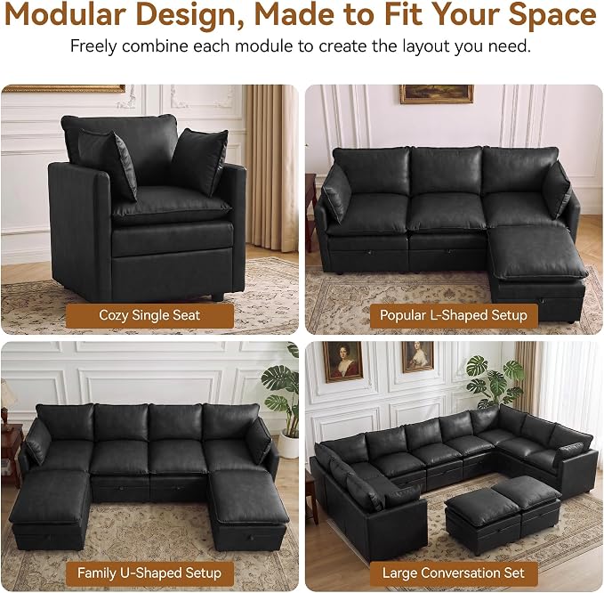 80" Black Faux Leather Storage 3 Seater Sofa with Ottoman, Comfy Couch | Convertible Modular Sectional Sofa, L Shaped Oversized Couch, Upholstered Large Cloud Couch For Living Room, Apartment.