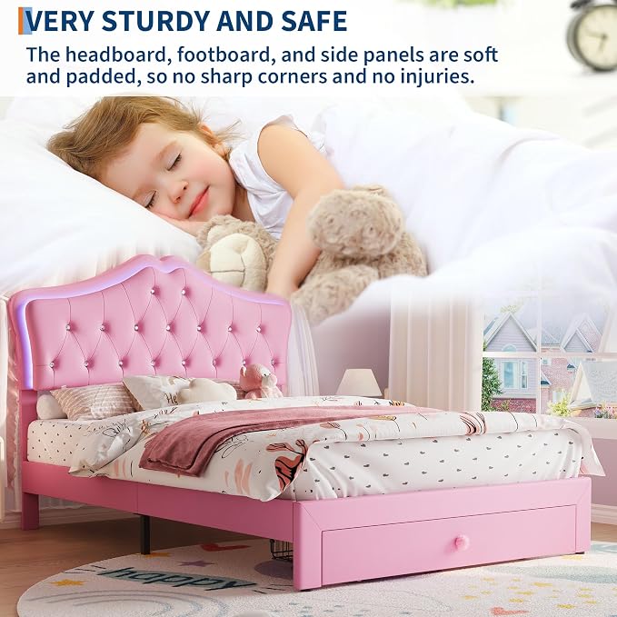 Garvee Full Size Bed Frame with LED Lights & Velvet Crystal Button Headboard, Upholstered Boy/Girl Platform Bed with Storage Drawer, Noise Free, No Box Spring Needed for Kids, Teens, Pink