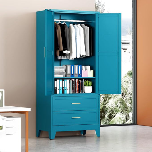 Metal Armoire Wardrobe Closet with Drawers, 71" Wardrobe Cabinet with Adjustable Shelves and Hanging Rod for Bedroom, Blue Metal Closet Storage Cabinet with 2 Doors & 2 Drawers