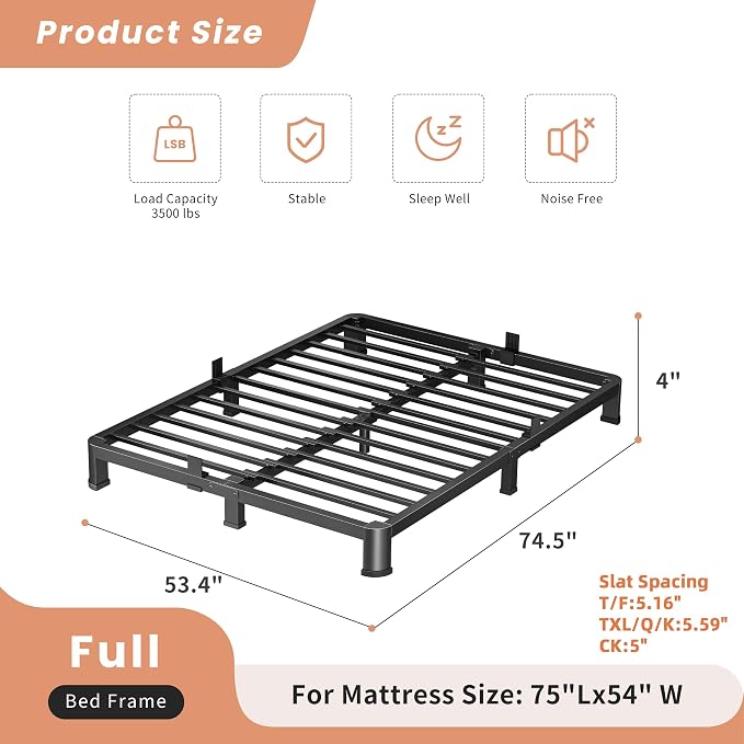 VIPSHOW 4 Inch Full Heavy Duty 3500 lbs Bed Frame with Round-Corner Legs & Anti-Squeak Design – Quick Assembly Metal Platform, No Box Spring Needed