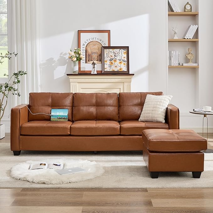 TYBOATLE Brown Sofa Couch Sectional Couches for Living Room, Comfy Faux Leather Modular Convertible L Shaped Sofas with USB & Ottoman, Leather Sectional with Side Pockets for RV Apartment Office