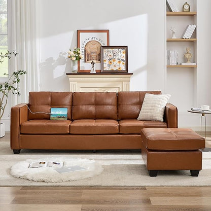 TYBOATLE Brown Sofa Couch Sectional Couches for Living Room, Comfy Faux Leather Modular Convertible L Shaped Sofas with USB & Ottoman, Leather Sectional with Side Pockets for RV Apartment Office