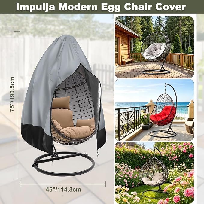 Egg Chair Cover Waterproof, 75x45 Inch Outdoor Hanging Egg Swing Chair Cover, Heavy Duty 420D Oxford Fabric, UV Resistant Windproof with Zipper & Drawstring, Fits Single Seat Egg Chair (Dark Grey)