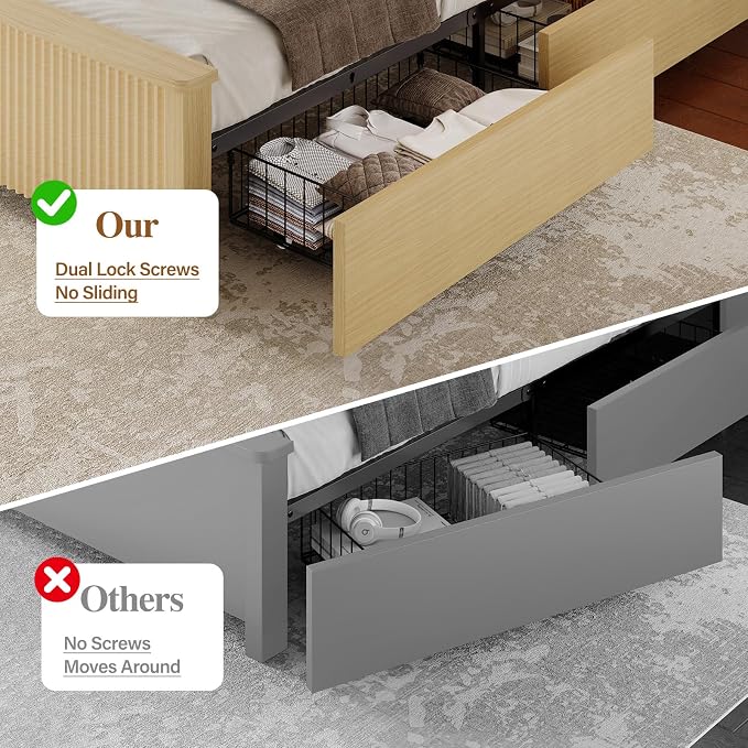 King Size Bed Frame and Tall Headboard & Storage, Metal Platform Bed Frame with 4 Storage Drawers, King Bed Frame with LED Lights & Charging Ports, No Box Spring Needed, Noise-Free, Natural