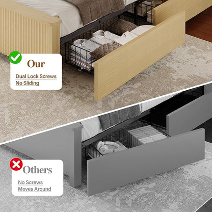 King Size Bed Frame and Tall Headboard & Storage, Metal Platform Bed Frame with 4 Storage Drawers, King Bed Frame with LED Lights & Charging Ports, No Box Spring Needed, Noise-Free, Natural