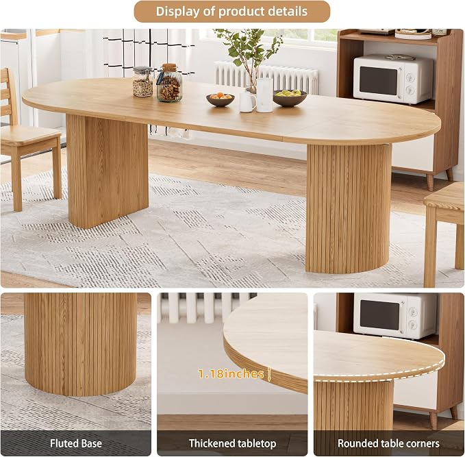 43-95 Inch Oval Extendable Dining Table for 4-10, Fluted Space Saving Round Kitchen Table with 3 Leaf, 2 Storage, Mid Century Modern Long Dining Room Dinner Table for Living Room, Oak, Natural