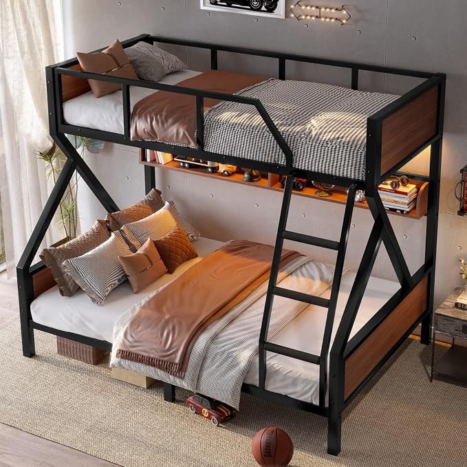 KEIKI Twin Over Full Bunk Bed, Heavy Duty Metal Bunkbed with Storage Shelves, Lights, Bottom Space & Guardrail for Aldults Dorm Bedroom Guest Room, No Box Spring Needed, Noise-Free Design