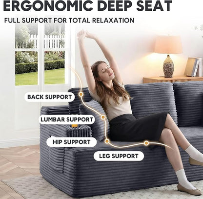 66.5'' Boneless Sofa Couch with Cup Holders & Side Pockets, Modern Corduroy Fabric Upholstered Loveseat Couch with 2 Throw Pillows for Living Room Office, No Assembly (Grey)
