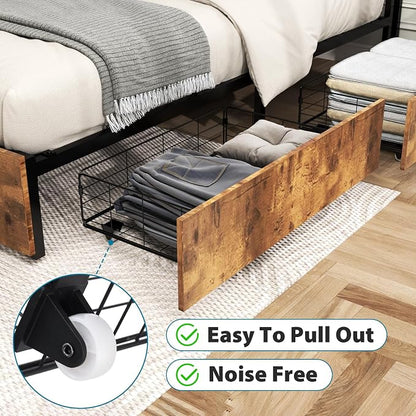 Kiivakii King Size Bed Frame with 4 Storage Drawers, LED Platform Bed with Headboard, Built in Charging Station, Noise Free, Metal Support Base, No Box Spring Needed, Rustic Brown