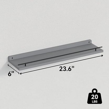 WOPITUES Floating Shelves 24 inch with Black Metal Guardrail, Shelves for Wall Decor Set of 3, Wall Shelves for Bedroom, Bathroom, Kitchen, Living Room, Plants, Picture Frames, Art- Grey