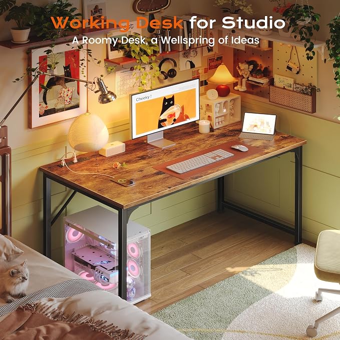 PRAISUN 47 X 24 Inch Deeper Desk with Power Outlets | Computer Desk for Bedroom, Office Desk for Work from Home, Writing Study Gaming Table, Stable Metal Frame, Rustic Brown